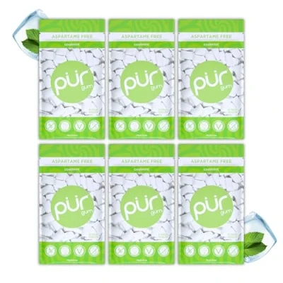 Afbeelding van PUR Gum Suikervrije Kauwgom 100% Xylitol Veganistisch, Aspartaamvrij &amp; Glutenvrij Natuurlijke Coolmint Smaak Kauwgom, 55 Stuks (Pak van 6)