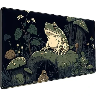 Afbeelding van Kawaii paddenstoel schattige kikker bureaumat, anime gaming muismat, donkergroen bos XXL grote verlengde laptop, toetsenbord en bureaumat 80x40 cm, antislip rubberen basis met