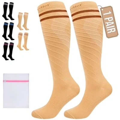 Afbeelding van 360 Relief Compressie Sokken klasse 1 voor Mannen en Vrouwen 15 20 mmHg Steunkousen langeafstandsvluchten, reizen, sporten, hardlopen, wandelen Paar Compression Socks L/XL Beige met wasnet