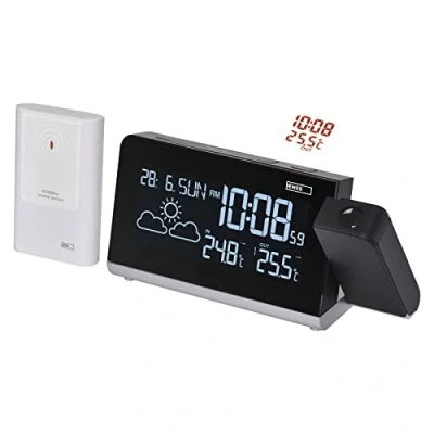 Afbeelding van EMOS Draadloos weerstation met projectie, buitensensor, VA display en projector, klok, temperatuur, thermometer, 2x wekker, kalender, geheugen min/max temperatuur