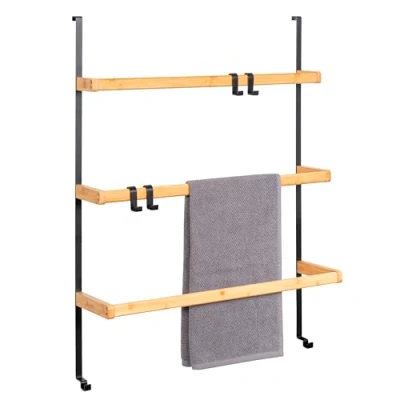 Afbeelding van eluno Hangende deurrek van metaal en bamboe, handdoekhouder met 3 handdoekstangen, 4 praktische haken, om op te hangen zonder boren (zwart)