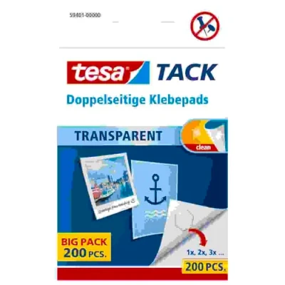Afbeelding van tesa TACK dubbelzijdige kleefpads Transparante zelfklevende kleefstrips Geschikt voor ophangen aan muren, ramen en spiegels 1 x 200 pads
