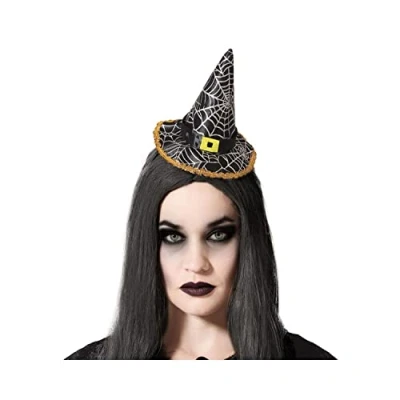 Afbeelding van Halloween heksenhoed mini hoedje op diadeem one size zwart/zilver meisjes/dames Verkleedhoofddeksels
