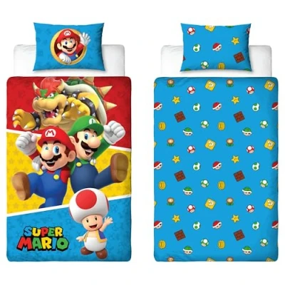 Afbeelding van Nintendo Super Mario officiële eenpersoons dekbedovertrekset, splitterontwerp omkeerbaar 2 zijdig beddengoed hoes koopwaar inclusief bijpassende kussensloop Eenpersoonsbedset