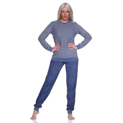 Afbeelding van Normann Dames badstof pyjama lange mouwen met manchetten in strepenlook, kleur: marine, maat: 36/38, marineblauw, 36 38