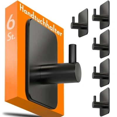 Afbeelding van 4smile Handdoekhakenset met 6 stuks, zwarte zelfklevende wandhaken voor de badkamer, roestvrij en zonder boren te bevestigen, praktische kleefhaken in klassiek design