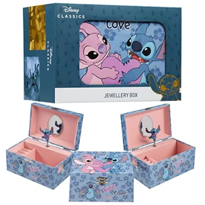 Afbeelding van Disney Musical Stitch &amp; Angel sieradendoosje voor meisjes Officiële licentie Wind Up Magical Tune, draaiende figuur 18,5 cm L x 12 B 10 D, blauw, één maat, kunststof
