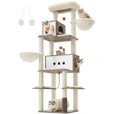 Afbeelding van Feandrea grote kattenboom, 197 cm hoog, XXL modern kattenhuis met meerdere verdiepingen 2 grotten, ligbedden, 4 krabpalen, kattenborstel, tunnel, platforms, Greige PCT193G01