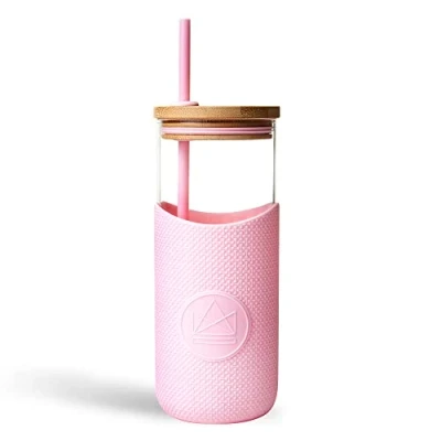 Afbeelding van Neon Kactus glazen waterfles, beker met rietje en deksel, herbruikbare drinkfles voor warme koude dranken, niet doorlatend, lekvrij, vaatwasmachinebestendig, roze flamingo, 1000 ml