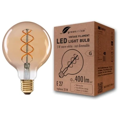 Afbeelding van greenandco® Vintage gloeilamp amber E27 G95 5W 400lm 2000K extra warm wit 360 230V flikkervrij, niet dimbaar