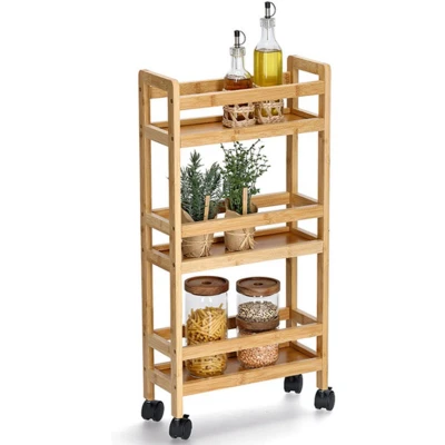 Afbeelding van Zeller Keuken Trolley met 3 niveaus bruin bamboe hout 36 x 15 74 cm 4 zwenkwielen