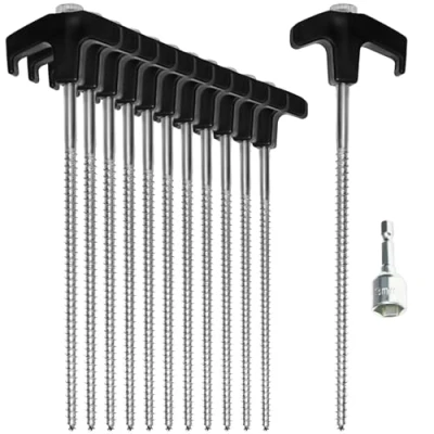 Afbeelding van com four® 12x tentharingen van staal met adapter voor accuschroevendraaier schroefharingen robuuste grondharingen schroefdraad kamperen en buiten ideaal harde grond