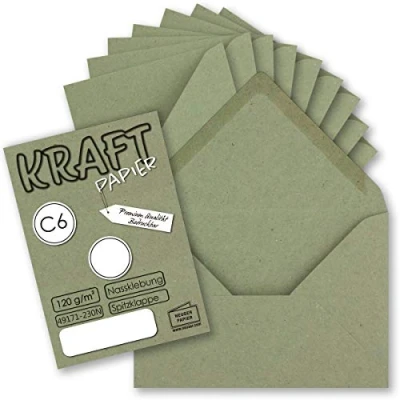 Afbeelding van Enveloppen, 100 x kraftpapier, DIN C6, groen, 11,4 16,2 cm, zonder venster, vintage enveloppen met natte plakrand, puntklep NEUSER PAPIER