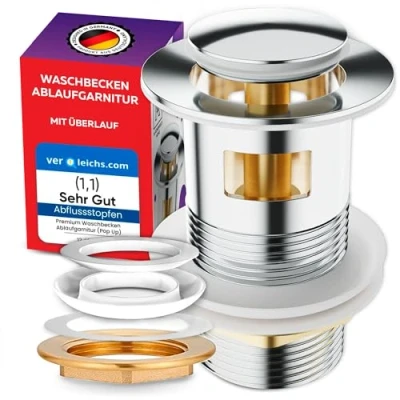 Afbeelding van M. ROSENFELD HOME wastafel afvoergarnituur met overloop knop chroom afvoerventiel pop up 1¼&#039;&#039; van roestvrij staal en messing voor wastafel, ventiel, eenvoudige installatie