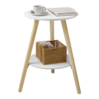 Afbeelding van EUGAD Bijzettafel rond, salontafel met 2 planken, woonkamertafel, nachtkastje wit modern, kleine tafel opbergruimte, banktafel, van MDF hout, voor woonkamer slaapkamer, 38 x 55 cm, 0006CHJ