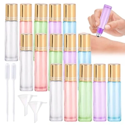 Afbeelding van Rolflessen voor etherische oliën, 15 stuks, leeg, 10 ml, met roestvrijstalen rollerballen, navulbare roll on multicolor glazen flessen olie, aromatherapie, parfum
