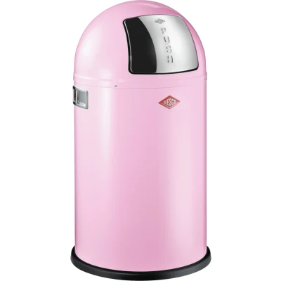 Afbeelding van Wesco Pushboy Junior vuilnisemmer in de kleur roze, gepoedercoat plaatstaal, 22 liter volume, grote roestvrijstalen klep, uitneembare binnenbak