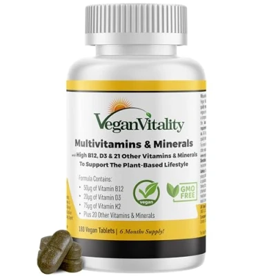 Afbeelding van Veganistisch Multivitaminen &amp; Mineralen met Hoge Sterkte Vitamine B12, D3 K2 180 Supplement Tabletten 6 Maanden Levering Ontworpen voor Vegetariërs Organisch Biologisch