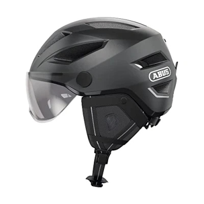 Afbeelding van ABUS Pedelec 2.0 ACE cityhelm fietshelm met achterlicht, vizier, regenkap, oorbescherming voor dames en heren donkergrijs, maat L
