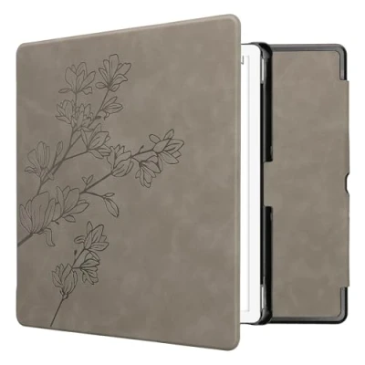 Afbeelding van kwmobile e reader hoesje geschikt voor Amazon Kindle Scribe (2024) hoes Ereader flip case met standaard Kunstleren cover Magnolia design in grijs