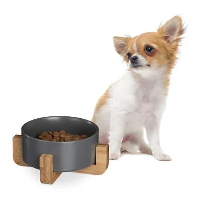 Afbeelding van Relaxdays hondenvoerbak 850 ml keramische hondenbak met bamboe houder eetbak hond grijs