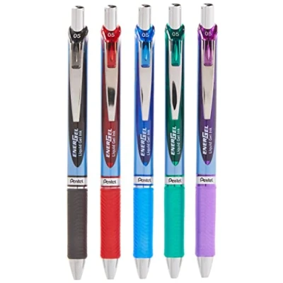 Afbeelding van Pentel Gel Ink Pen, intrekbaar, 0,5 mm, metalen punt, diverse inktkleuren, Pack van 5 (BLN75BP5M)
