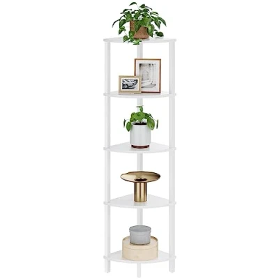 Afbeelding van VASIHO Hoekplank, staand rek, boekenkast met 5 niveaus, ladderrek, opbergrek, plantenrek voor keuken, woonkamer, industrieel design, wit JSJ001W