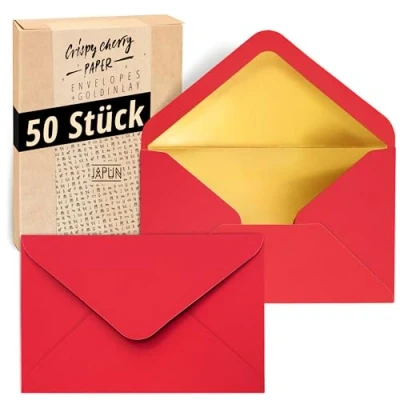 Afbeelding van Japun Enveloppen (50 stuks), envelop zonder venster DIN C6 162 x 114 mm binnenkant: goud papierkleur: rood