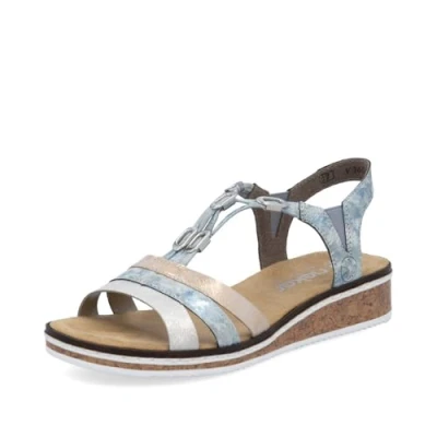 Afbeelding van Rieker Dames sleehak sandalen V36G4, vrouwen sandalen, blauw combi 40, 40 EU