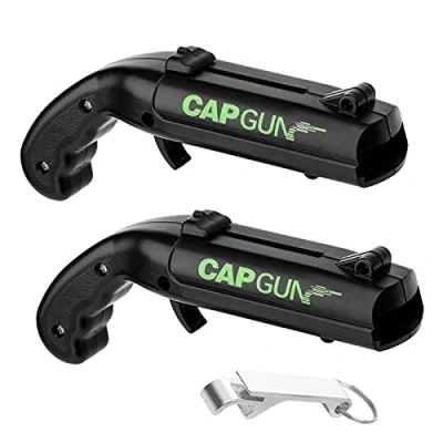 Afbeelding van Cap Gun Flesopener 2 verpakkingen bieropener fles grappige flessendop Shooter Launcher Opener Bierdekselpistool voor Home Bar Party Kerstdrank (zwart)