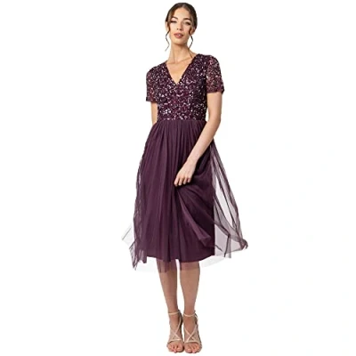 Afbeelding van Maya Deluxe Dames Verfraaide Midi Avondjurk V hals met Korte Mouw voor Prom Bruiloft Bruidsmeisje, Bessen, 38