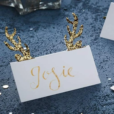 Afbeelding van Plaatskaart met gouden glitter gewei (10 stuks)