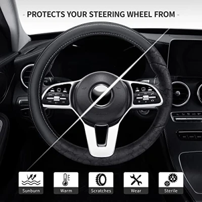 Afbeelding van Microfiber lederen 15 inch universele pasvorm auto stuurhoes elastisch ademend en geurloos, zwart met wit accent