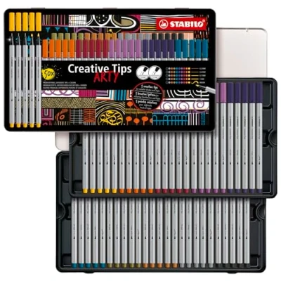 Afbeelding van Pennenset met diverse puntdiktes STABILO Creative Tips ARTY metalen etui 50 stuks URBAN in 10 verschillende kleuren