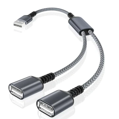 Afbeelding van Basesailor USB kabelsplitter 1 m, type A stekker naar 2 vrouwelijke verlengkabel nylon splitter Y kabel dubbele poort hub oplader gegevens split adapter voor Xbox One, PS4, PS5, auto, pc, tv, led,
