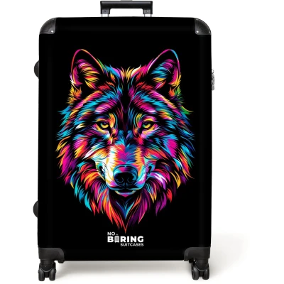 Afbeelding van NoBoringSuitcases.com® Koffer groot Reiskoffer lichtgewicht Wolf Neon Abstract Rolkoffer met 4 wielen Grote trolley XL 98 liter bagage
