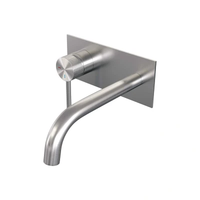 Afbeelding van Brauer Brushed carving Wastafelmengkraan inbouw gebogen uitloop rechts hendel lang smal afdekplaat model A2 PVD geborsteld RVS