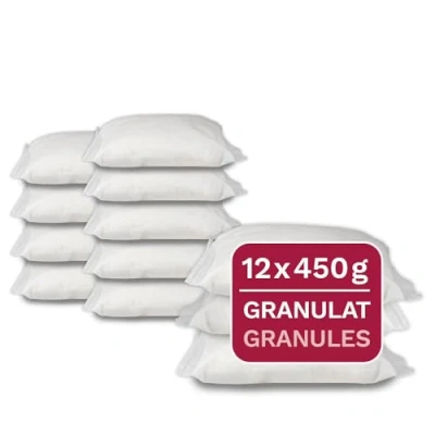 Afbeelding van 12 x 450 g universele luchtontvochtiger navulverpakking, granulaat in vlieszak, geschikt voor gangbare luchtontvochtigers de ruimte.
