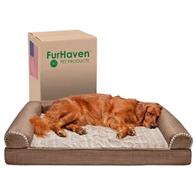 Afbeelding van Furhaven XL Hondenbed van traagschuim, luxe imitatiebont en performance linnen bankstijl met afneembare wasbare hoes Woodsmoke, Jumbo (XL)