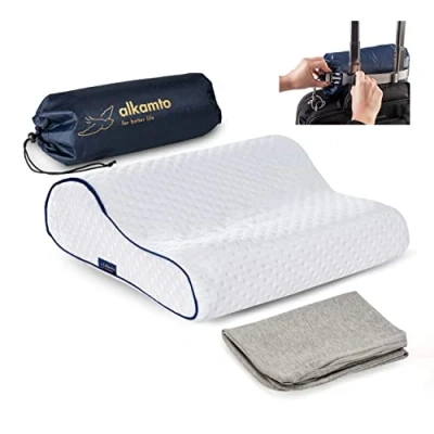Afbeelding van Alkamto Reiskussen, campingkussen, traagschuim met Extra katoenen overtrek, inclusief tas, orthopedisch neksteunkussen (35 x 30 10/8 cm Wit kussensloop)