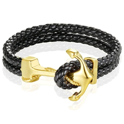 Afbeelding van Heren armband Leer Anker Mendes Goudkleurig Zwart 19cm