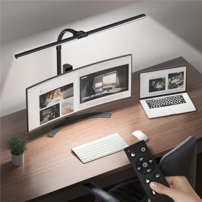 Afbeelding van LED Bureaulamp Dimbaar 24W 80cm Tweekoppige Tafelklemlamp met Afstandsbediening Flexibele 360 Verstelbare Hals, Oogbescherming, Timer, 10 Kleurenmodi en Helderheidsniveaus