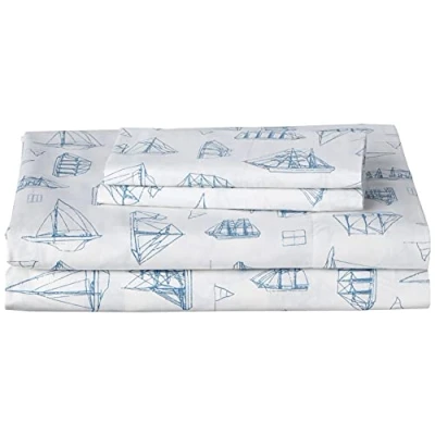 Afbeelding van Nautica Queensize lakenset, katoenen percal beddengoedset, knapperig en cool, lichtgewicht ademend (Whitewood Sail Blue, 4 delig, Queen)
