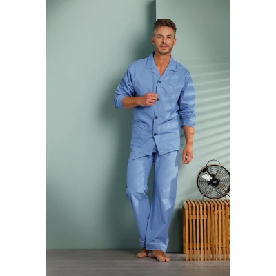 Afbeelding van Robson Heren pyjama katoen knoopsluiting Martin 52 Blauw