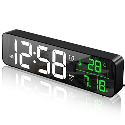 Afbeelding van MOSUO wekker Digitaal groot LED display met temperatuur en datumkalender, nachtkastklok Wandklok Spiegel 40 muziek 2 alarmen 6 niveaus instelbare helderheid 4 volume, USB lading, zwart