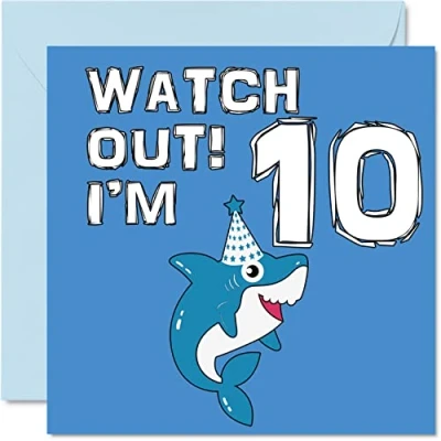Afbeelding van 10e verjaardagskaart jongen Shark Watch Out Happy Birthday kaart 10 jaar oude jongen, jongenskaarten voor hem, 145 mm x wenskaart zoon broer kleinzoon neef god tiende