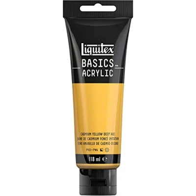 Afbeelding van Liquitex Basics 8870042 Monopigmenteerde acrylverf, kunstenaarspigmenten, lichtecht, gemiddelde viscositeit, archiefkwaliteit, zijdeglanzende afwerking, 118ml Cadmium Yellow Deep