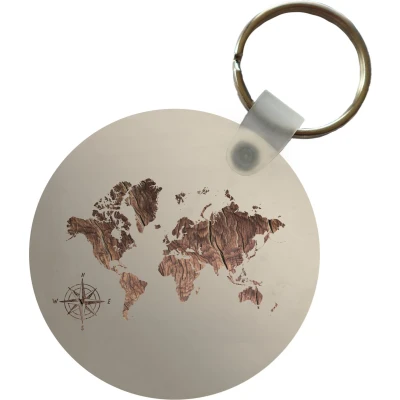 Afbeelding van Sleutelhanger Wereldkaart Hout Kompas Plastic Rond Uitdeelcadeautjes