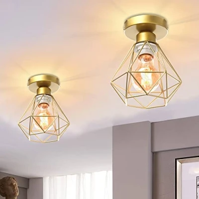 Afbeelding van iDEGU Industriële plafondlamp van metaal, kooi, vierkant, kroonluchter, lampenkap, ijzer, E27, 40 W, zwart, voor woonkamer, slaapkamer, bar (mini diamant, goudkleurig)