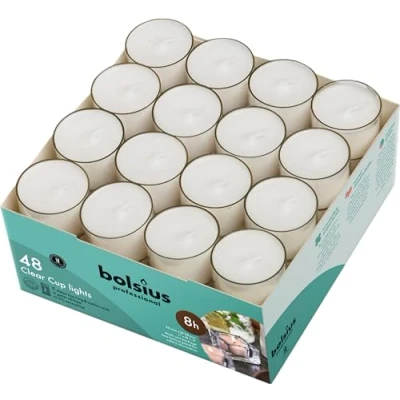 Afbeelding van bolsius Echte Tea Light Kaarsen in Clear Holder Cups Bulk 48 Set Long Burning 8 hr Unscented, voor Mood, Dinners, Parijties, Huis Decoratie, Bruiloft, Ambachten, Wit
